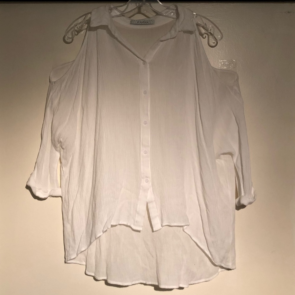 White Button Down Cold Shoulder Top
